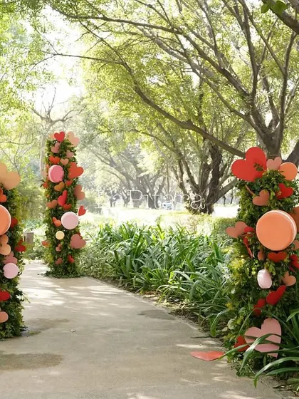We created these beautiful floral pillars decorated with hearts and balloons to mark the entrance path, adding height and color to the outdoor space.