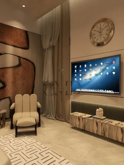 The TV area includes a unique floating console and is set against a wall with subtle line work, complementing the room's sophisticated flow.