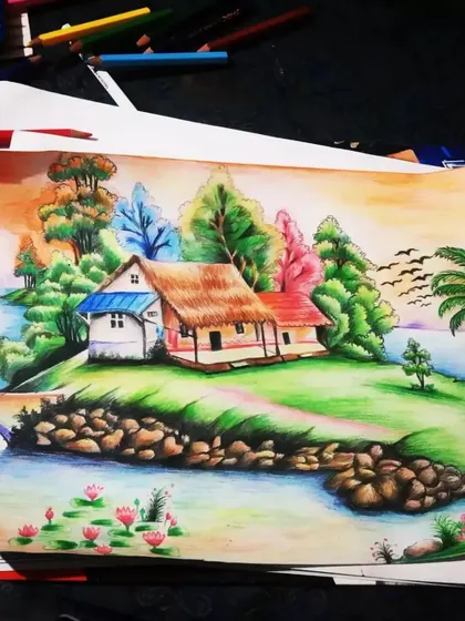 A vibrant landscape drawing made with color pencils. This piece shows a peaceful village scene by the water, showcasing my ability to work with bright colors and scenery.