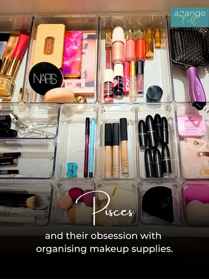 A Pisces' obsession: organizing makeup supplies. This vanity drawer is a perfect example, with clear dividers for every category of makeup.