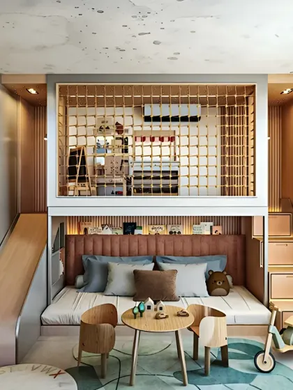 We believe kids' rooms should be fun and functional. This custom-designed room features a playful loft bed with a slide, integrated storage in the stairs, and a cozy play area underneath, maximizing floor space while sparking imagination.