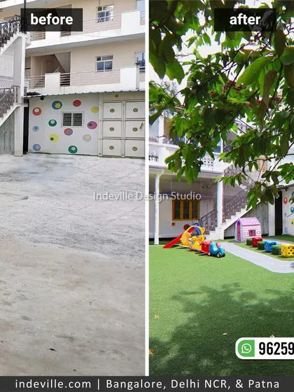 Another before-and-after view of the preschool playground transformation. This angle shows how the addition of green turf and play structures completely changed the character of the space from a drab yard to a vibrant play area.