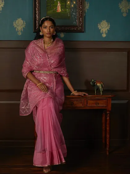 Full look from the Label by Shalini Bhagat shoot, showing how a belted dupatta can create a modern silhouette for a traditional sari. Accessorizing is key to updating classic Indian wear.