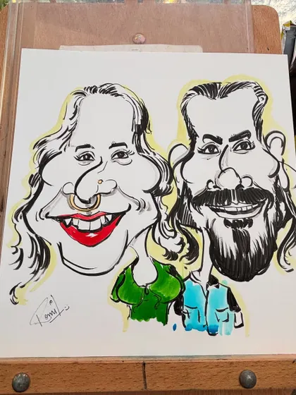 A detailed couple caricature with a nose ring and bright red lips, capturing unique and stylish details.
