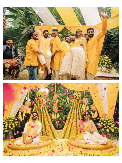 From fun-filled moments with friends to the beautiful floral decor, I capture every detail of your wedding celebration. This collage shows the energy of a Haldi ceremony and the vibrant setting.