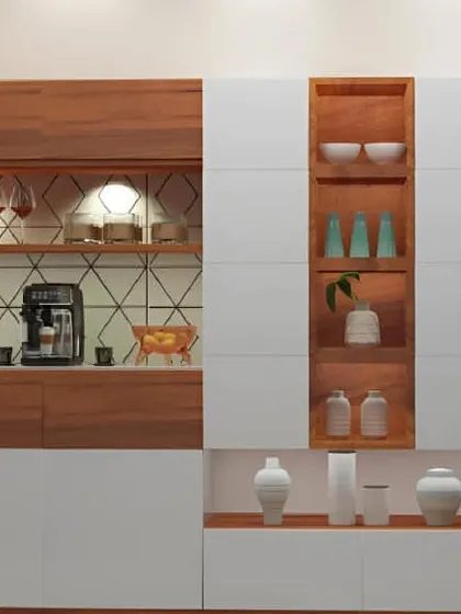 This stylish crockery unit combines white and wood-finish cabinets. The design includes a dedicated coffee station with a geometric tile backsplash and open shelves for displaying wine glasses.