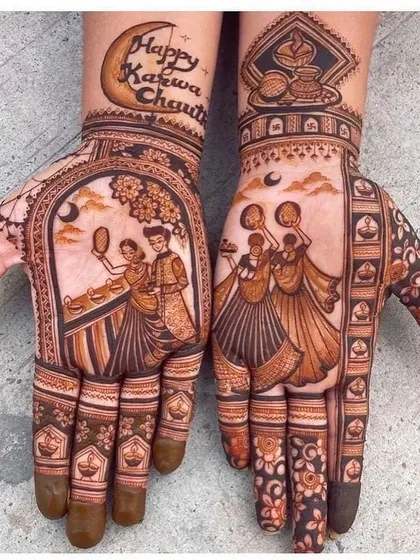 A festive Karwa Chauth design showing multiple women celebrating together, with a large moon and a 'Happy Karwa Chauth' message. Perfect for capturing the spirit of the festival.