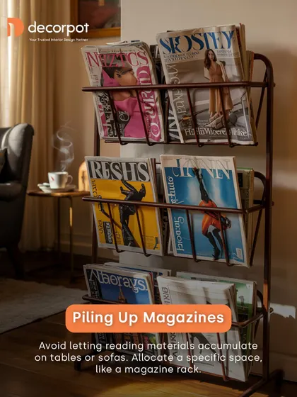 Avoid letting magazines and papers pile up on tables. A simple magazine rack can provide a designated space for your reading materials and help keep your living room clutter-free.