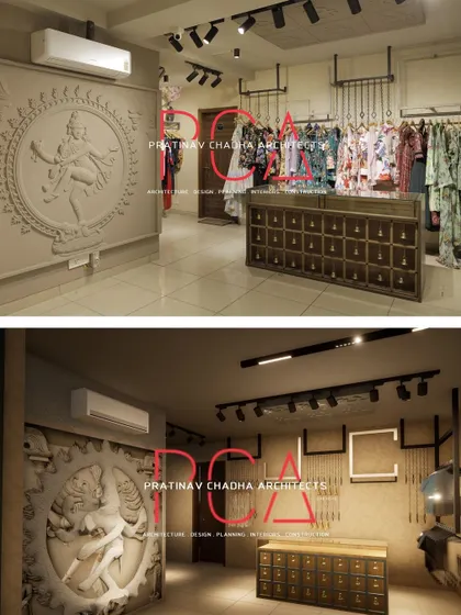 This "Render to Reality" comparison focuses on the checkout counter and Nataraja sculpture wall at the Jubinav Chadha studio, proving the faithful execution of key design elements.