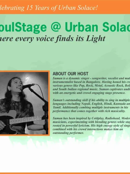 A poster for our 'SoulStage' event, a mixed open mic where every voice finds its light. This is where musicians, poets, beatboxers, and all kinds of performers come together to share their talent.