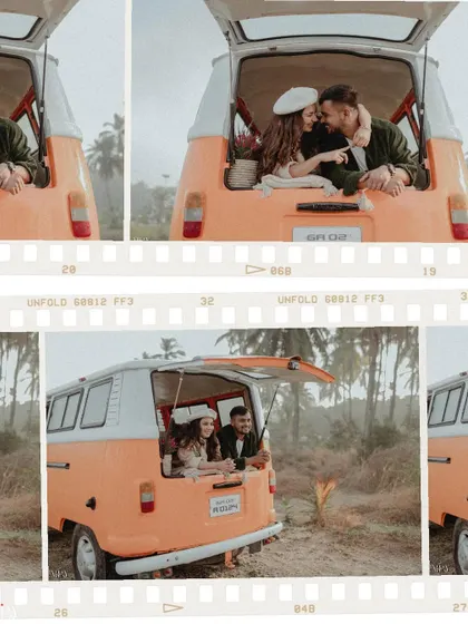 Another collage showcasing the fun and romantic moments from the road trip shoot.