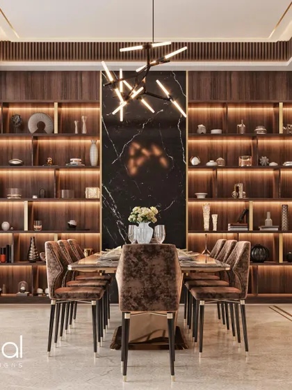 A frontal view of a formal dining area set against a backdrop of custom, back-lit wooden shelving. This 3D render helps visualize the ambiance for evening entertainment and dining.