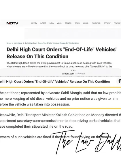 NDTV's report on the High Court's order to release 'End-of-Life' vehicles. My argument that no law prohibits the mere keeping of old diesel vehicles was a key factor in the court's decision.