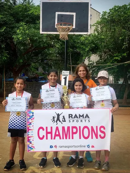 The girls' team celebrating their championship win at the Rama Sports tournament. We are so proud of their performance.
