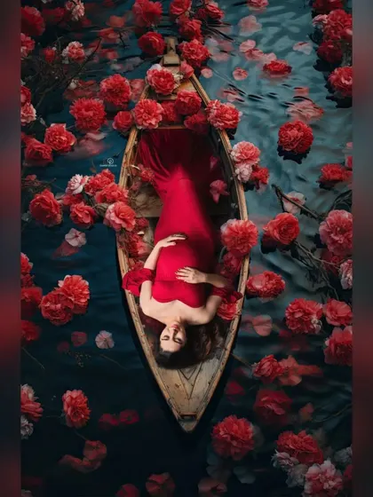 A slightly different angle of the artistic boat scene, showing the beautiful spread of the red flowers. I love working on unique concepts like this to make your maternity photos stand out.