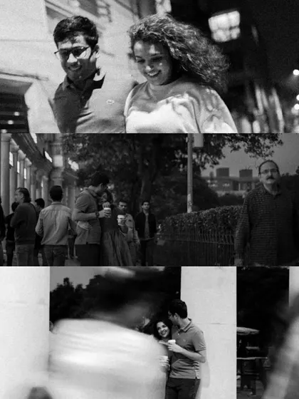 A black and white collage showing various candid moments from a casual city hangout, capturing their natural interactions.