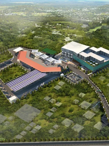 The full master plan for the Ranchi bus terminal, designed on a Build-Operate-Transfer (BOT) model. The plan includes a bus terminal, commercial complex, hotel, and driver facilities.