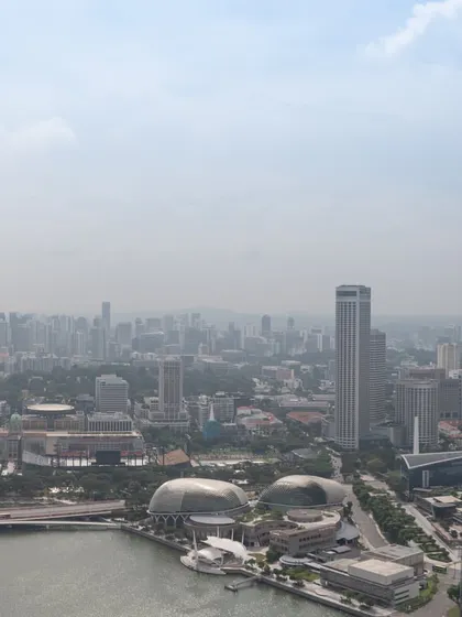 A view of Singapore's cityscape, including the iconic "durian" domes of the Esplanade theatres.