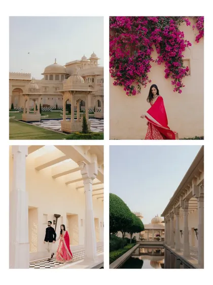 A collage of images from Nikita and Rishabh's shoot at the Udaivilas, showcasing the stunning palace grounds and their romantic portraits.