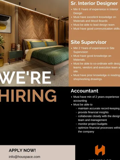 Houspace in Hyderabad is hiring for multiple roles, including a Senior Interior Designer with a minimum of 6 years of experience.