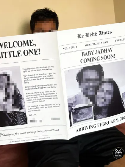 Your news, front page! We design custom 'Le Bébé Times' newspaper announcements with your photos and details, creating a unique keepsake for your family to cherish.