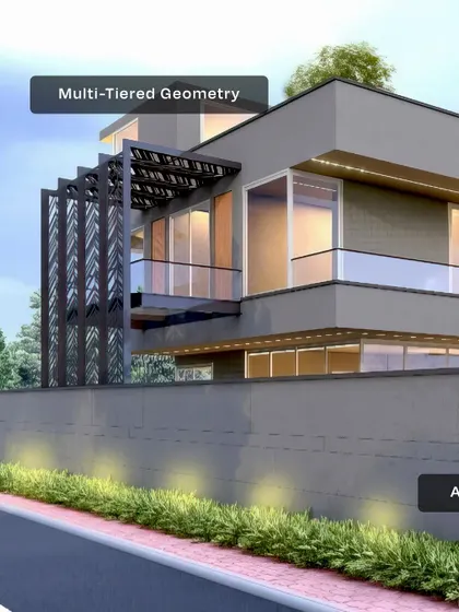 The multi-tiered geometry of this home is not just for looks; it enhances natural light penetration and provides functional shading with cantilevered planes and a stylish metal pergola.