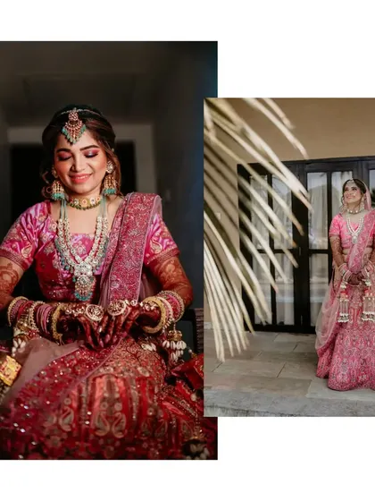 A collage of the bride in her stunning pink and red lehenga, showcasing her complete bridal look from different angles.