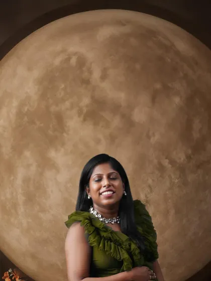 A joyful portrait of a mother-to-be against a creative, moon-themed backdrop. This setup adds a touch of magic and wonder to the maternity session.