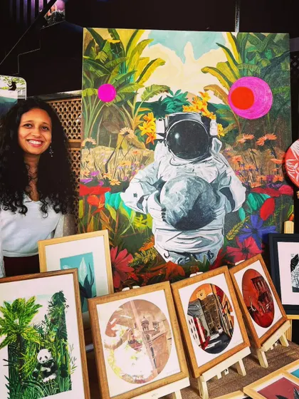 A photo from an art market where my astronaut painting was a main feature. This piece always sparks conversations about its meaning, which revolves around personal growth and solitude.