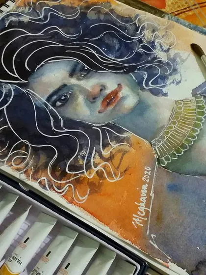 Here you can see my "All Eyes On The Hair" painting in my sketchbook, next to the watercolor palette I used. It gives a sense of the scale and the colors that went into it.