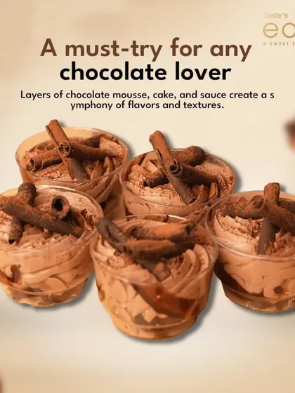 A must-try for any chocolate lover. Our chocolate mousse cups feature a symphony of textures with layers of mousse, cake, and sauce.