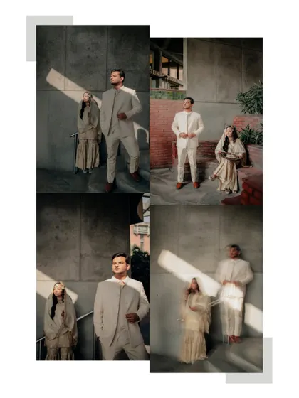A collage of the couple's portraits, showcasing their elegant poses and the artistic use of light and shadow in their photoshoot.