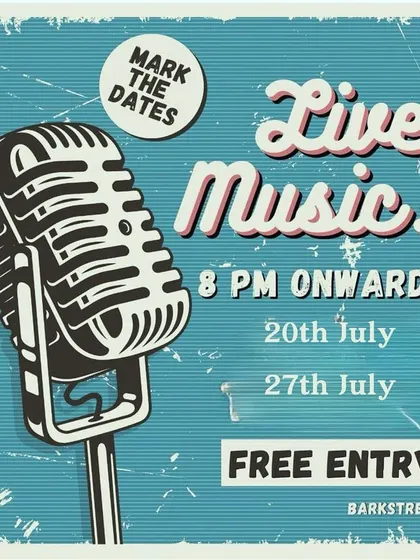 Mark the dates! A poster for our recurring Live Music nights with free entry, perfect for all music and dog lovers.
