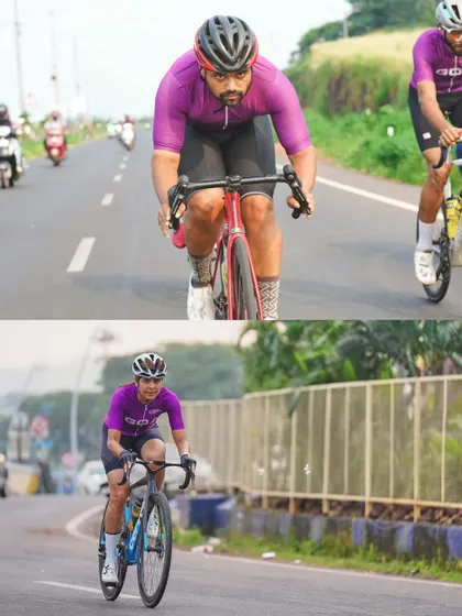 Two individual portraits in one frame. This collage highlights different members of the team as they navigate the road, each showing a unique style and level of intensity.