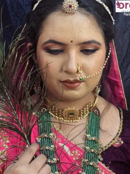 This creative shot with a peacock feather adds an artistic touch, highlighting the royal and majestic theme of the makeup.