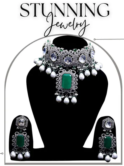 A graphic showcasing a stunning emerald and pearl choker set, a perfect example of the beautiful diamond-look jewellery we offer.