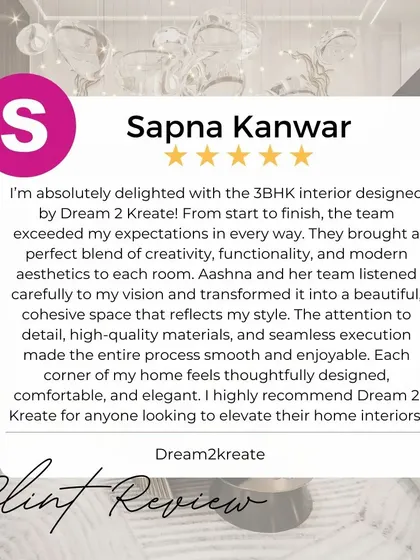 Thank you, Sapna, for your glowing review of the 3BHK interior we designed. I'm so glad you enjoyed the process and that every corner of your home feels thoughtful and elegant.