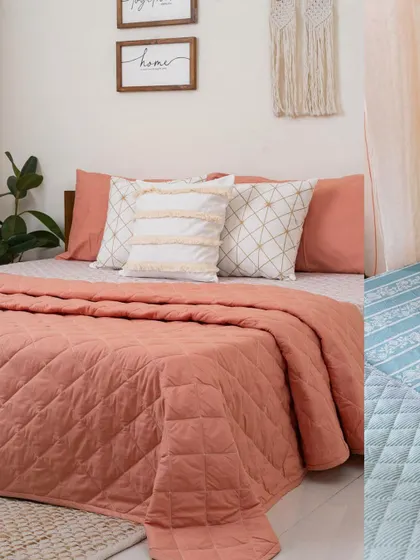 This collage highlights two distinct color palettes for the bedroom. A warm, earthy setup with a peach quilt and diamond-print cushions, contrasted with a cool, serene blue bedding set.