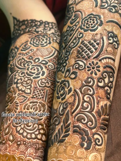 A detailed shot of bridal arm work. You can see the different textures created by using thin lines, thick lines, and shaded areas.