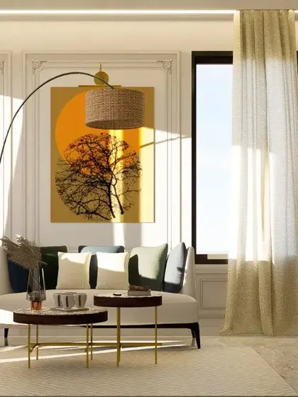 This neoclassical living room concept is all about elegance and light. We used wall mouldings, an indoor swing, and a mix of modern and classic lighting to create a sunny, sophisticated space. The large artwork provides a warm, central focus.
