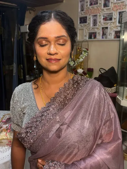 A close-up showing the soft, shimmery eyeshadow. Makeup on mature skin is all about blending and using the right textures to enhance, not hide.