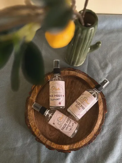 My collection of natural face mists, including Rose, Rosemary, and Lavender-Vetiver. They are perfect for hydrating your skin on the go.