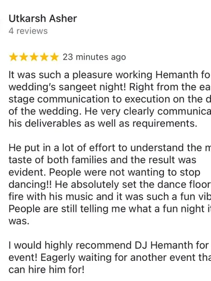 A fantastic review from Utkarsh. I always put in the effort to understand the music taste of both families to create a fun vibe that gets everyone dancing.