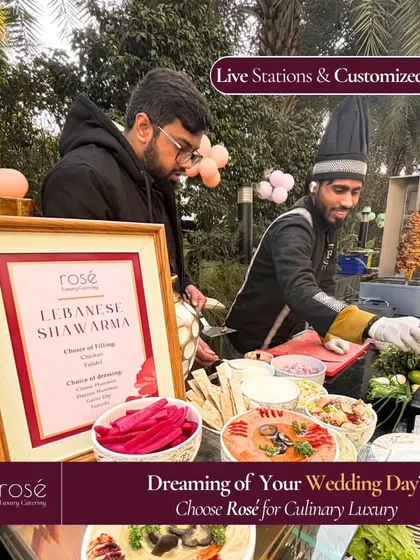 Our Lebanese Shawarma station is a complete setup with a vertical rotisserie, a variety of fresh toppings and sauces, and a chef to carve and serve. It's an engaging and delicious addition to any corporate party.