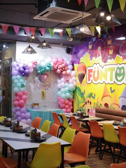 Our Eatopia Cafe transforms to match any theme. This mermaid-themed setup shows how we create a magical dining atmosphere where guests can enjoy the party feast and celebrate together.