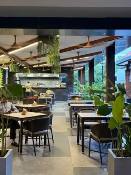The open café space at the Karnataka Golf Association, designed for calm and connection. Large planters with broad-leafed plants are used to define seating areas and create a sense of privacy and enclosure.