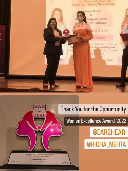 A closer look at the Women Excellence Award 2023 from Ear to Hear. This award acknowledges my contribution as a regional influencer for mental health and wellness in the Mumbai region.