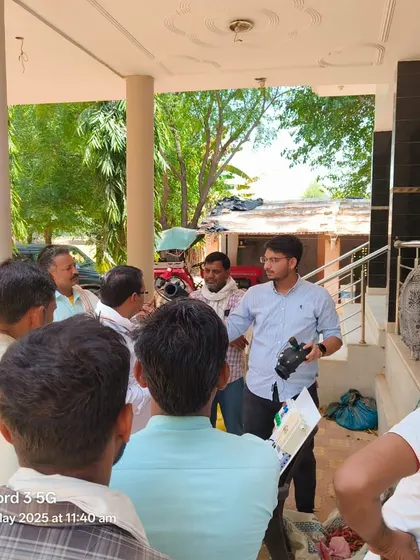Our team conducting a farmer meeting in Med village, Jaipur. We are explaining our automation systems like Autodrip and Hydromet directly to the farming community.