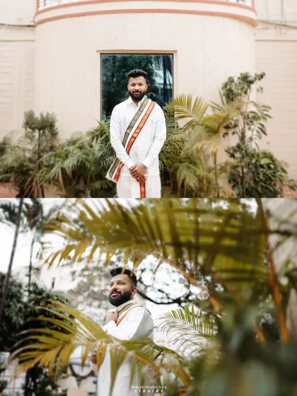A handsome portrait of the groom, Navjyoth, in his traditional white wedding attire, framed by lush green plants.