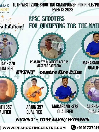 Congratulations to our shooters for qualifying for the Nationals at the 10th West Zone Shooting Championship. This graphic celebrates their achievements in the 25m centre fire and 10m air pistol events.